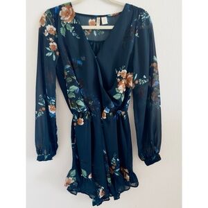 Japna Long Sleeve Chiffon Surplice Floral Romance Ruffle Romper Emerald Green